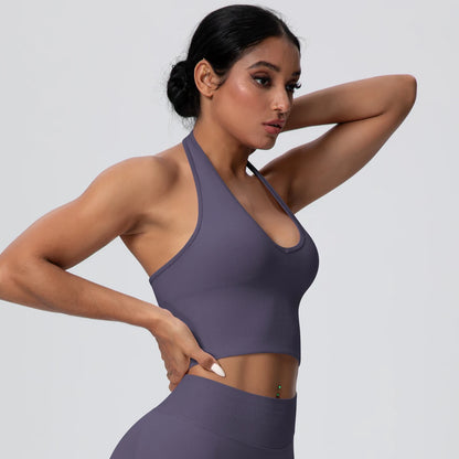 Women Backless Halter Sports Bra Naked Feel Yoga Gym Workout Crop Top