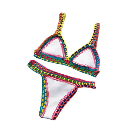 Women Bright Patchwork Crochet Bikini Set Handmade 2 Piece Summer Swimwear