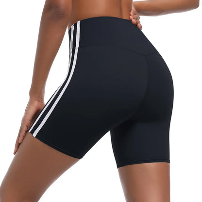 Women High Waist Yoga Shorts Double Stripe Gym Fitness Tummy Control Pants