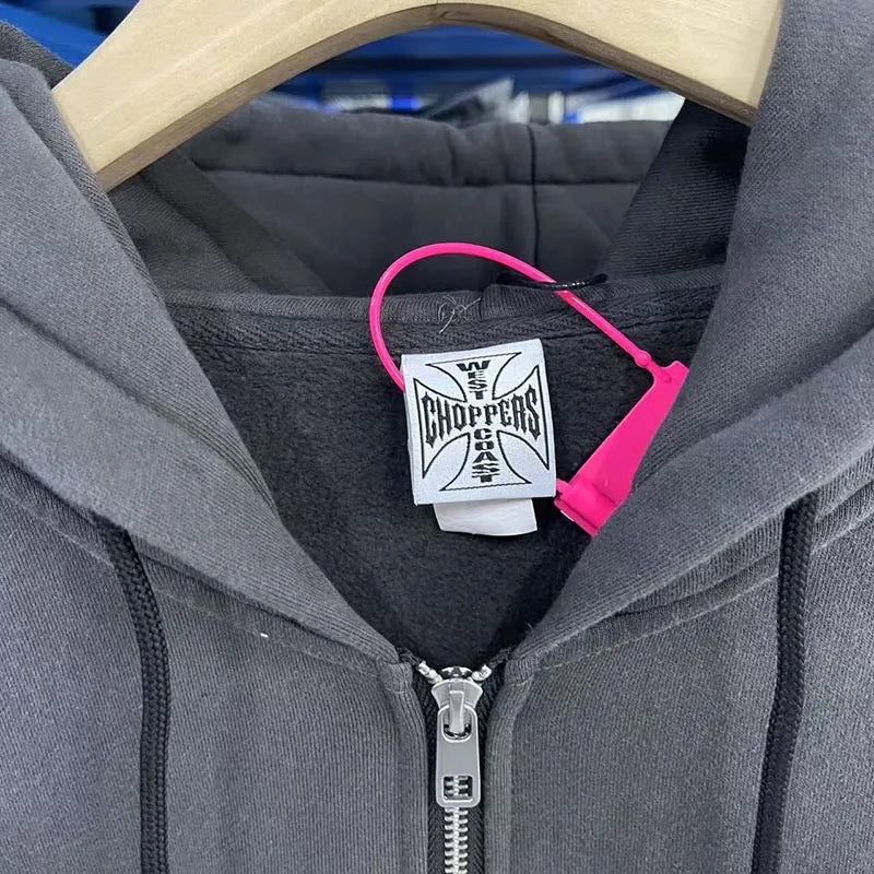 Womans Cross Logo Zipper Hoodie | Vintage Washed Black Oversized