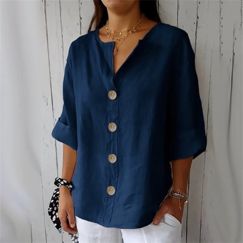 Women V Neck Button Shirt Cotton Linen Summer Loose Casual Office Top