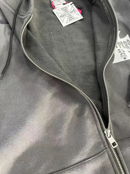 Womans Cross Logo Zipper Hoodie | Vintage Washed Black Oversized