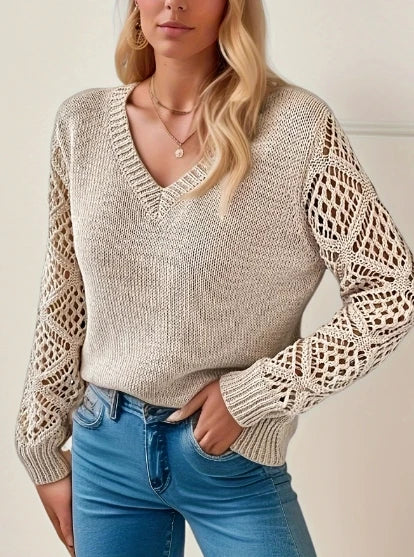 Women Crochet Knit Sweater V Neck Hollow Long Sleeve Loose Pullover Top
