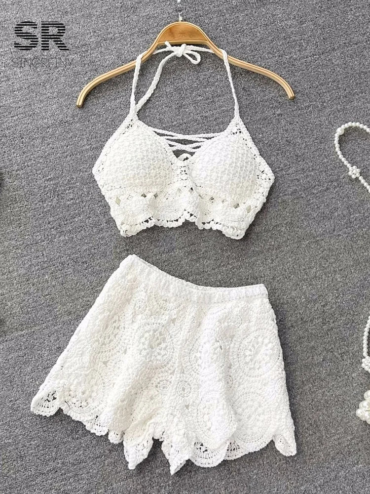Women Crochet Two Piece Set Summer Y2K Beach Backless Cami Shorts