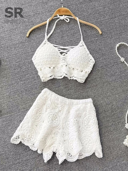 Women Crochet Two Piece Set Summer Y2K Beach Backless Cami Shorts