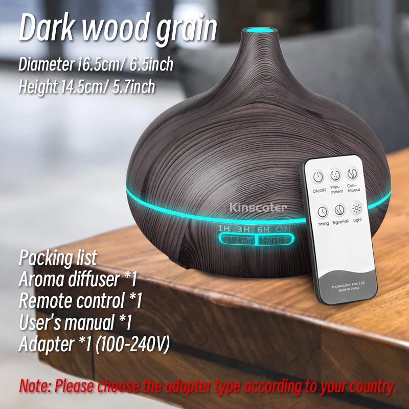 500ML Aromatherapy Essential Oil Diffuser – Wood Grain Design  Remote Control Ultrasonic Air Humidifier with 7-Color LED Light