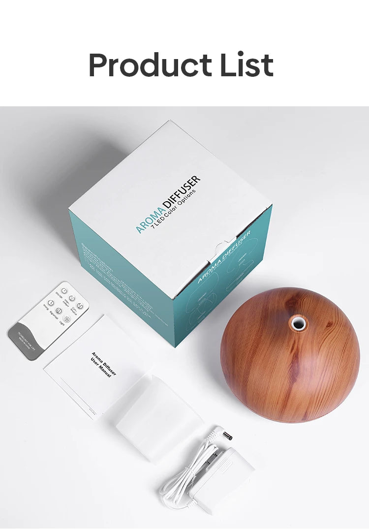 500ML Aromatherapy Essential Oil Diffuser – Wood Grain Design  Remote Control Ultrasonic Air Humidifier with 7-Color LED Light