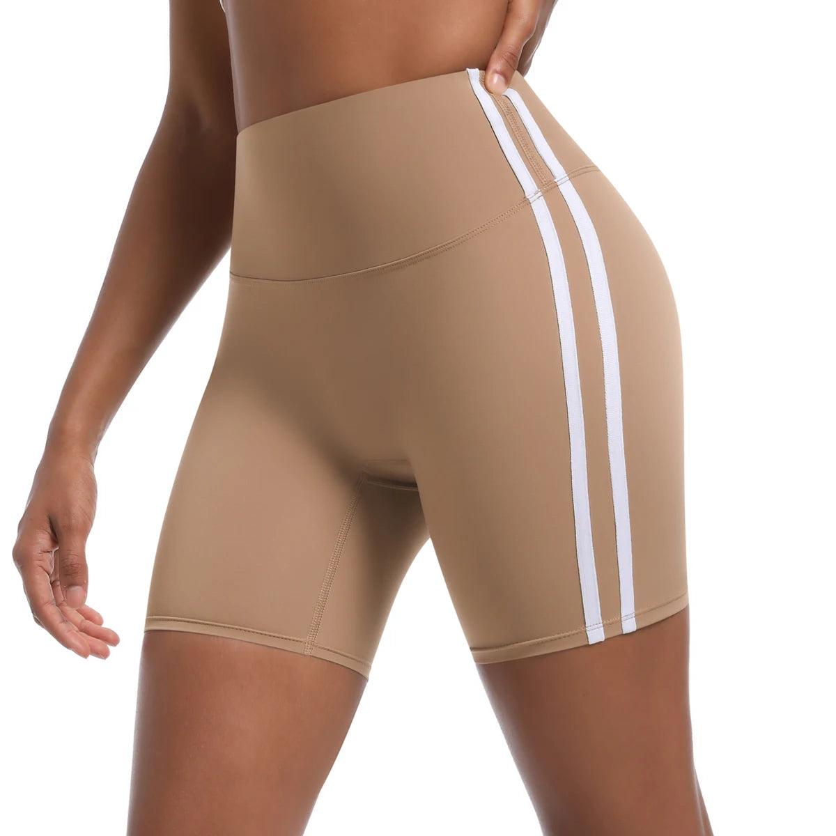 Women High Waist Yoga Shorts Double Stripe Gym Fitness Tummy Control Pants