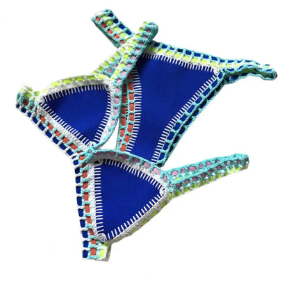 Women Bright Patchwork Crochet Bikini Set Handmade 2 Piece Summer Swimwear