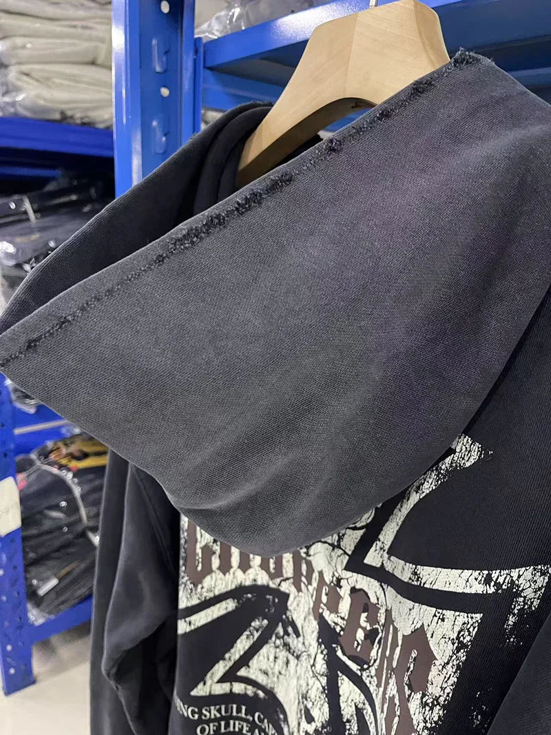 Womans Cross Logo Zipper Hoodie | Vintage Washed Black Oversized