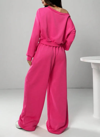 Casual Knitted Loose Long Sleeve Short Set for Women Solid Color Sweatshirt One Shoulder Street Style Polyester Fiber 2025 Au...