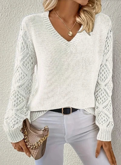 Women Crochet Knit Sweater V Neck Hollow Long Sleeve Loose Pullover Top
