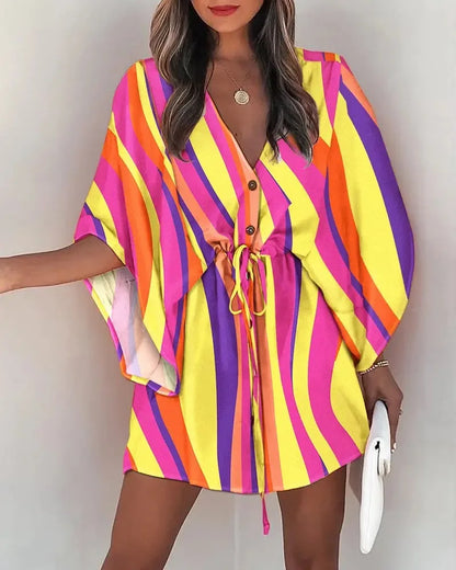 Women Floral Boho Mini Dress V Neck Bat Sleeve Summer Beach Loose Sundress