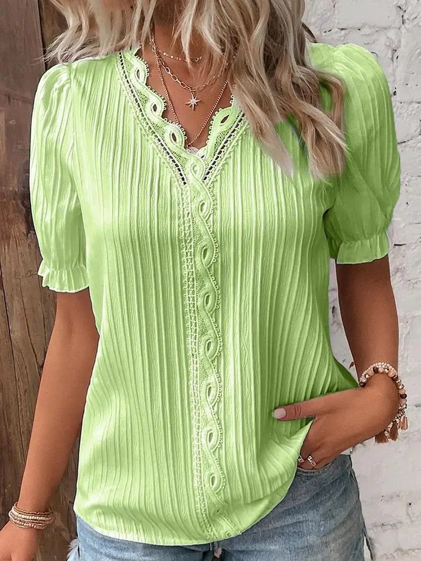 Women Lace V Neck Blouse Elegant Short Sleeve Summer Casual Office Top