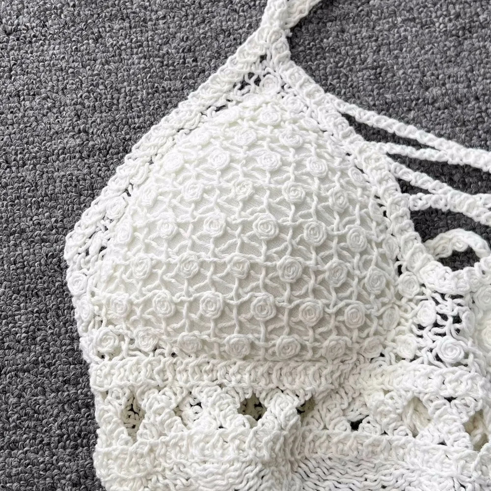 Women Crochet Two Piece Set Summer Y2K Beach Backless Cami Shorts