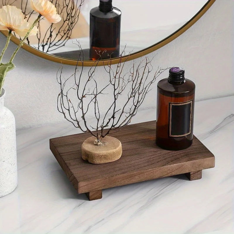 1Pc Wooden Bathroom Tray Pedestal Stand Bathroom Decor Decorative Wooden Riser Kitchen Soap Dish Holder for Vanity Counter