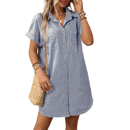 Womens Striped Shirt Dress Cotton Linen Midi Summer Casual Beach Dress