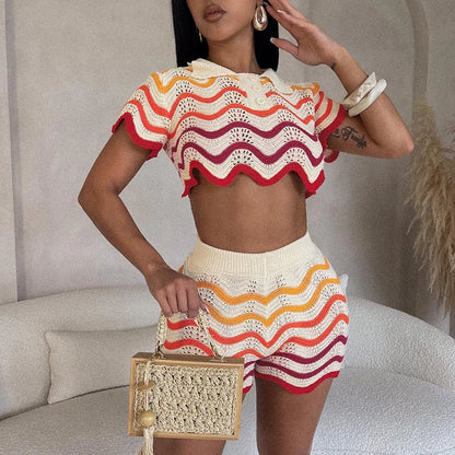 Women Wave Print 2 Piece Set Colorful Knit Crop Top & Shorts Matching Streetwear Outfit