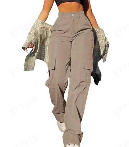 Women Loose Cargo Pants High Waist Wide Leg Trousers Pockets Casual Full Length