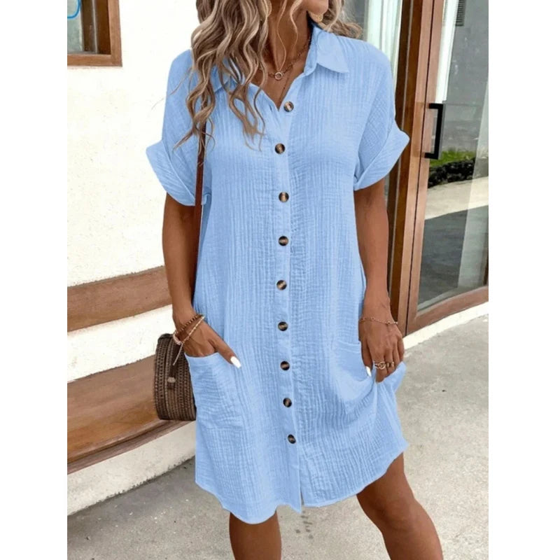 Women Shirt Dress Short Sleeve Loose Summer Casual Office Elegant Pockets