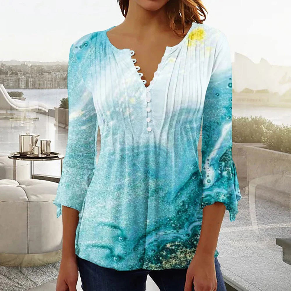Women Floral V Neck T Shirt Summer Short Sleeve Casual Streetwear Top Holiday