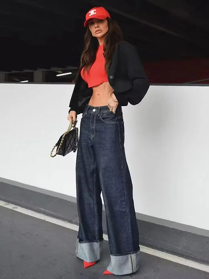 HH Women Denim Set Crop Jacket Wide Leg Jeans Vintage 2 Piece Outfit