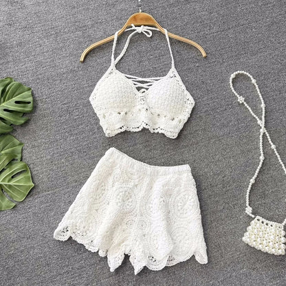 Women Crochet Two Piece Set Summer Y2K Beach Backless Cami Shorts