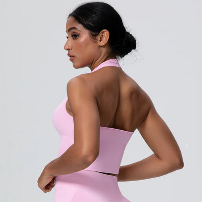 Women Backless Halter Sports Bra Naked Feel Yoga Gym Workout Crop Top