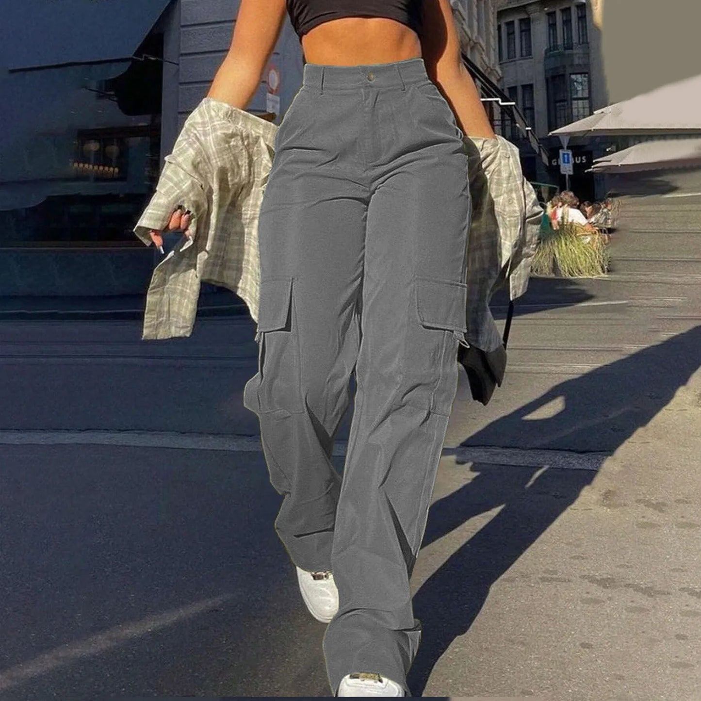 Women Loose Cargo Pants High Waist Wide Leg Trousers Pockets Casual Full Length