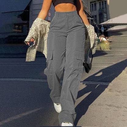 Women Loose Cargo Pants High Waist Wide Leg Trousers Pockets Casual Full Length