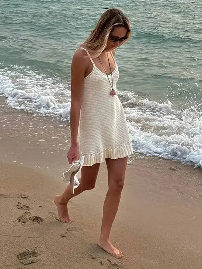 Women’s Crochet Halter Mini Dress Ruffle Knit Summer Beach Dress