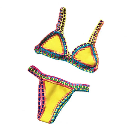 Women Bright Patchwork Crochet Bikini Set Handmade 2 Piece Summer Swimwear