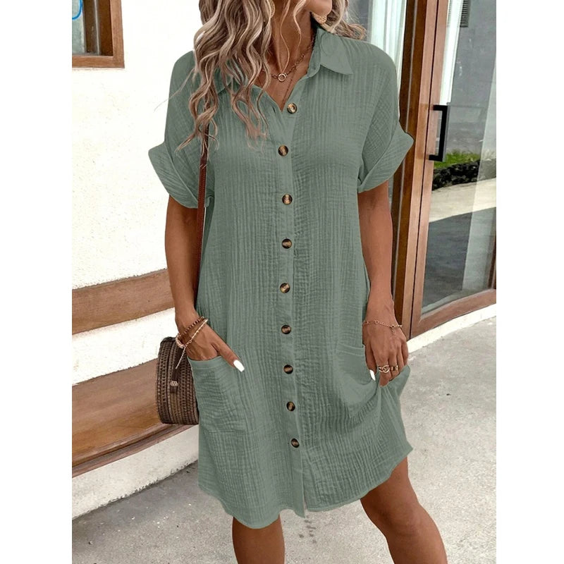 Women Shirt Dress Short Sleeve Loose Summer Casual Office Elegant Pockets