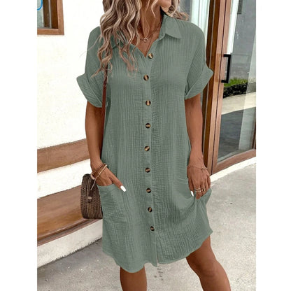 Women Shirt Dress Short Sleeve Loose Summer Casual Office Elegant Pockets