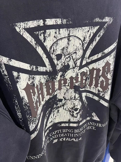 Womans Cross Logo Zipper Hoodie | Vintage Washed Black Oversized