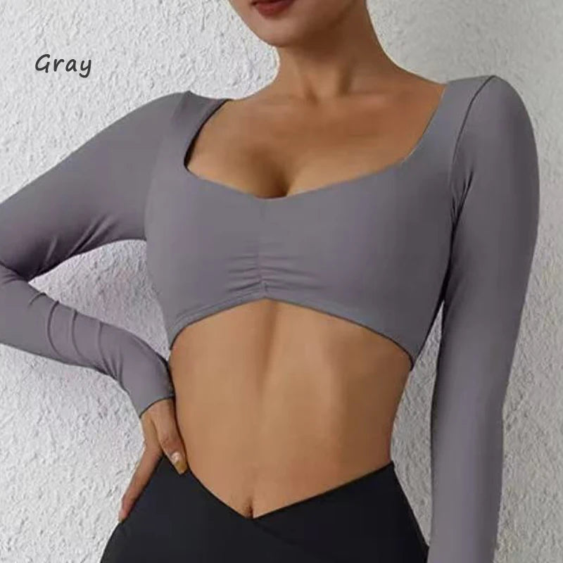 Women Gym Top Long Sleeve Nylon Yoga Shirt Tight Sports Fitness Top