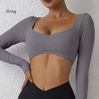 Women Gym Top Long Sleeve Nylon Yoga Shirt Tight Sports Fitness Top