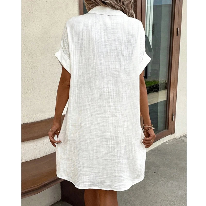 Women Shirt Dress Short Sleeve Loose Summer Casual Office Elegant Pockets