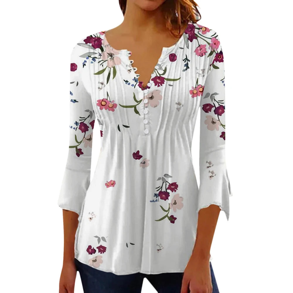 Women Floral V Neck T Shirt Summer Short Sleeve Casual Streetwear Top Holiday