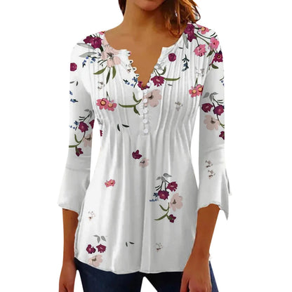 Women Floral V Neck T Shirt Summer Short Sleeve Casual Streetwear Top Holiday