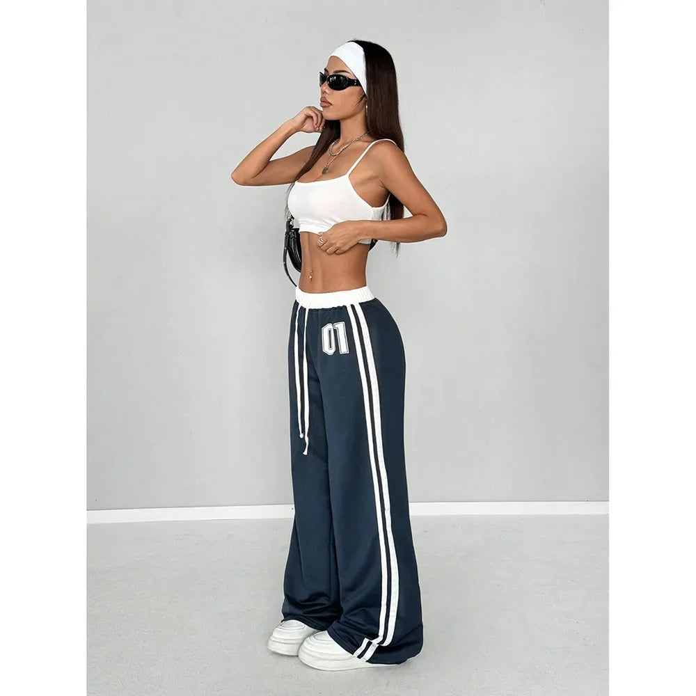 Women Striped Casual Pants Loose Tie Waist Color Block Street Style Plus Size