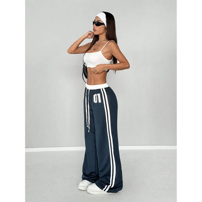 Women Striped Casual Pants Loose Tie Waist Color Block Street Style Plus Size