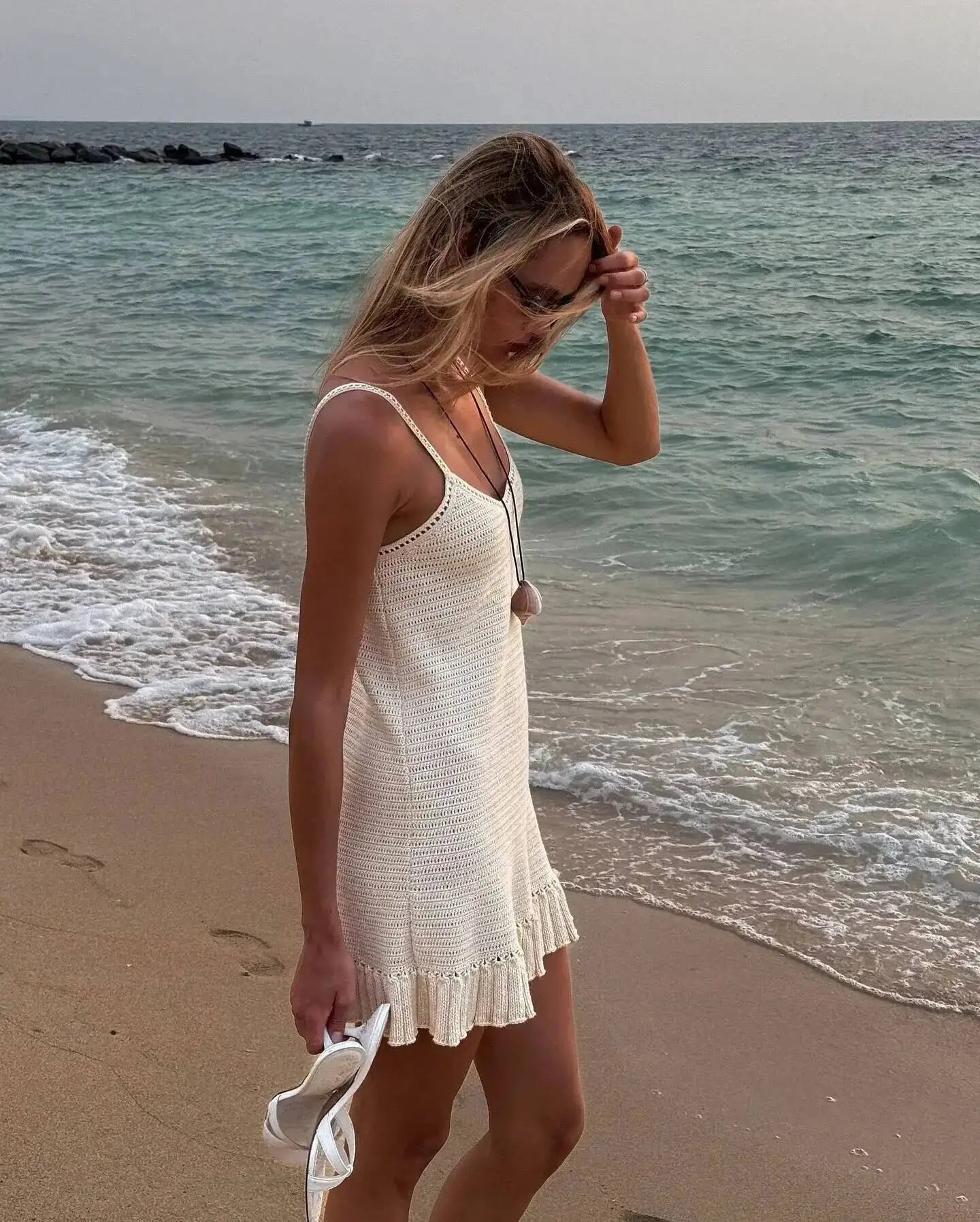 Women’s Crochet Halter Mini Dress Ruffle Knit Summer Beach Dress