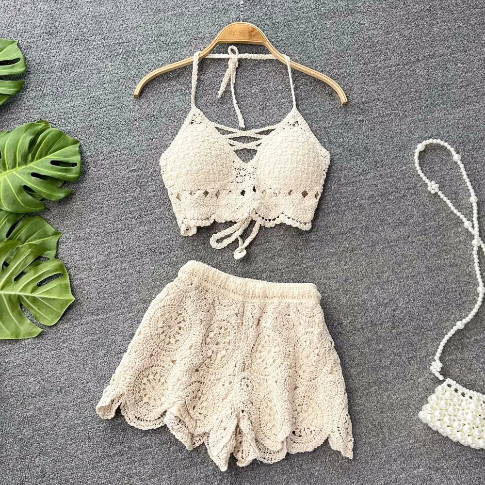 Women Crochet Two Piece Set Summer Y2K Beach Backless Cami Shorts