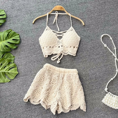 Women Crochet Two Piece Set Summer Y2K Beach Backless Cami Shorts