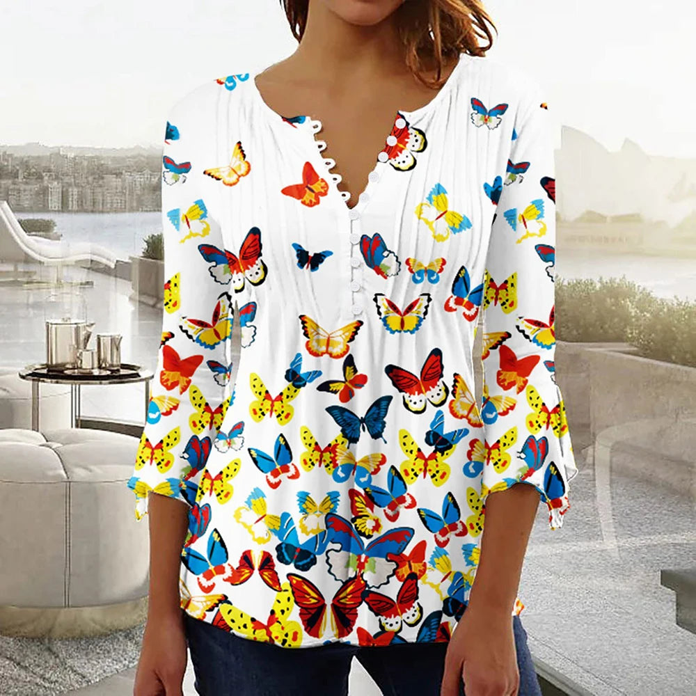 Women Floral V Neck T Shirt Summer Short Sleeve Casual Streetwear Top Holiday