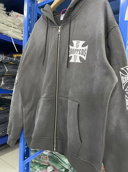 Womans Cross Logo Zipper Hoodie | Vintage Washed Black Oversized