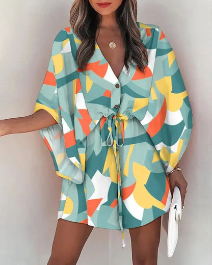 Women Floral Boho Mini Dress V Neck Bat Sleeve Summer Beach Loose Sundress