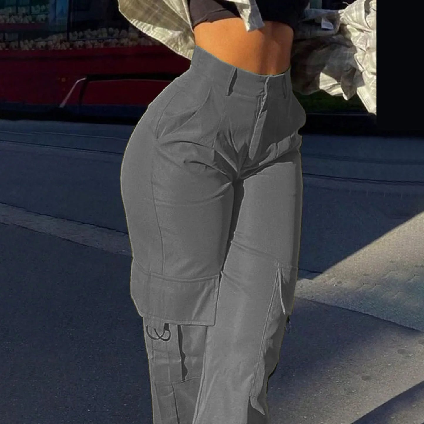 Women Loose Cargo Pants High Waist Wide Leg Trousers Pockets Casual Full Length