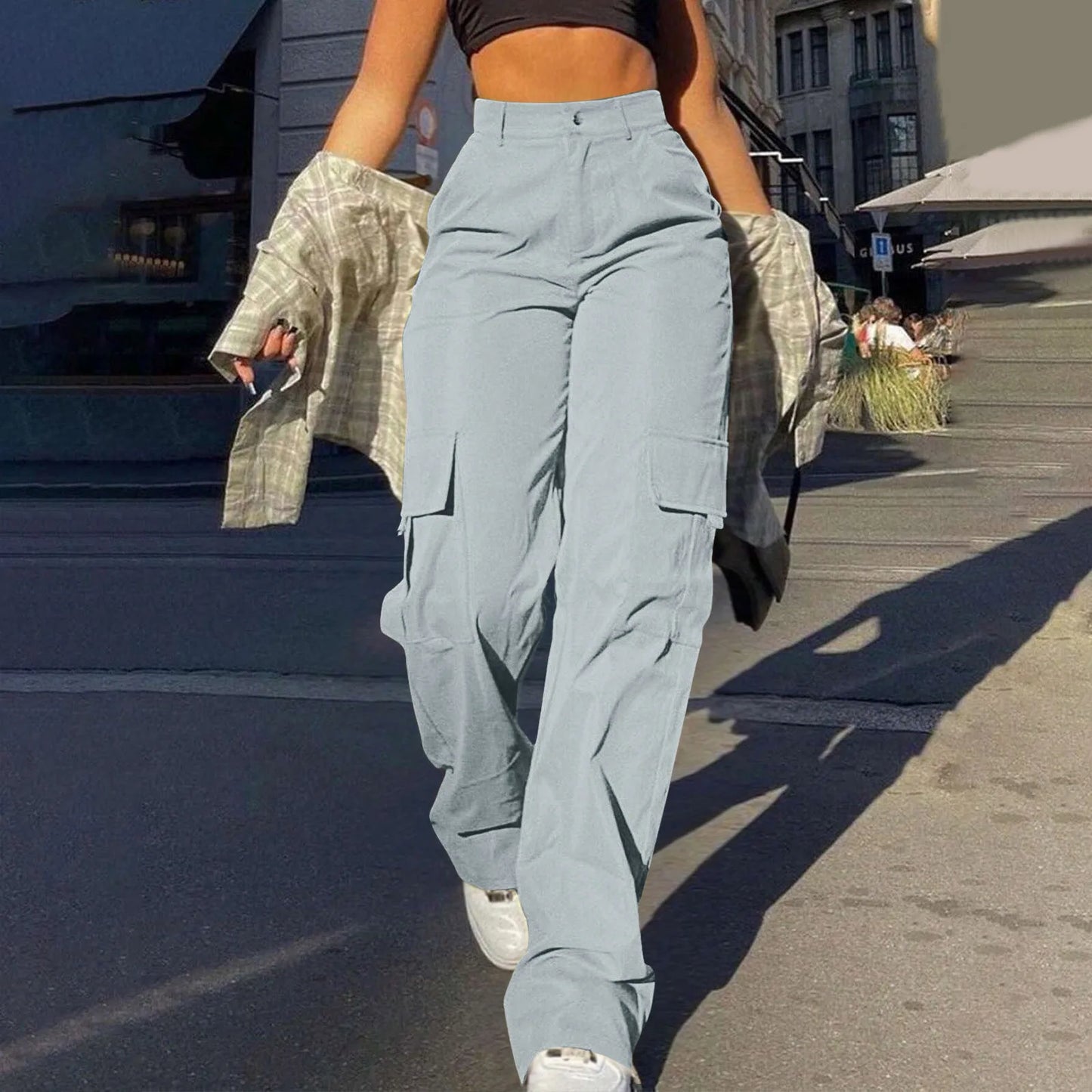 Women Loose Cargo Pants High Waist Wide Leg Trousers Pockets Casual Full Length